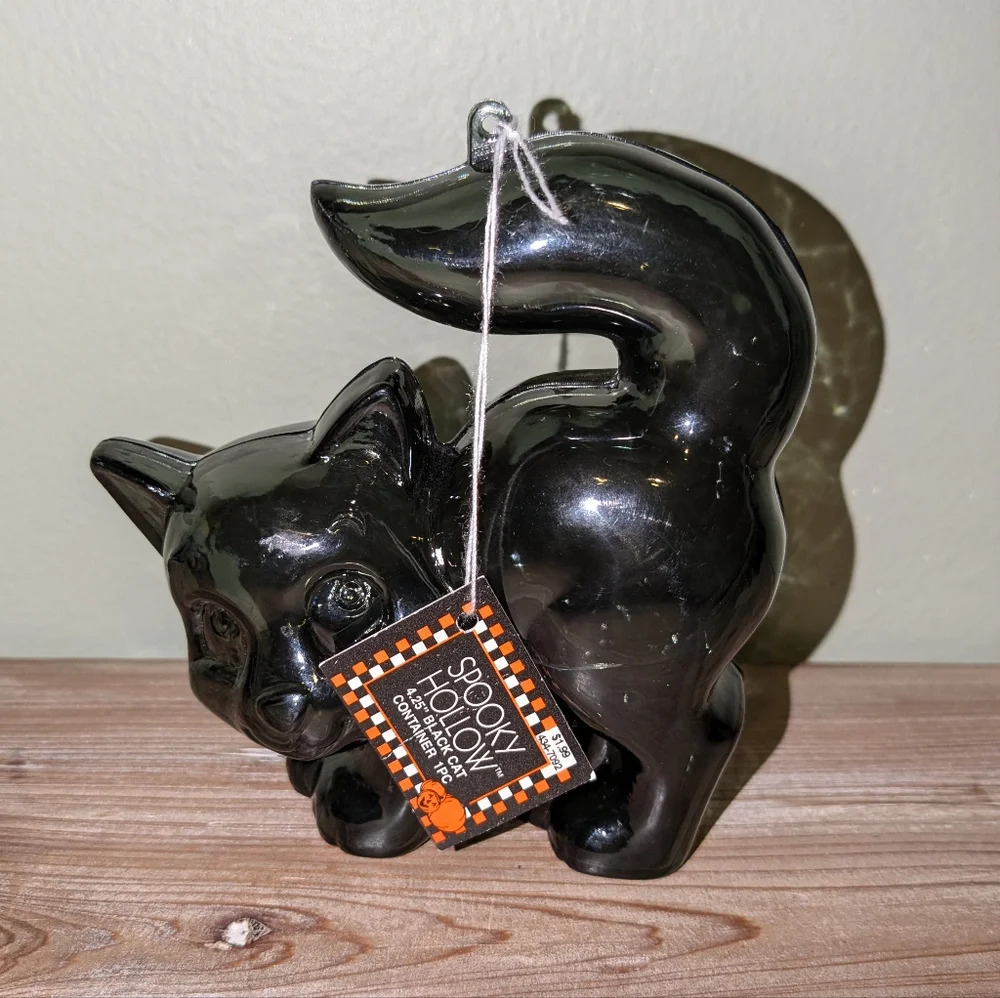 Vintage 1950s Halloween Black Cat Candy Container / Ornament w/original tag